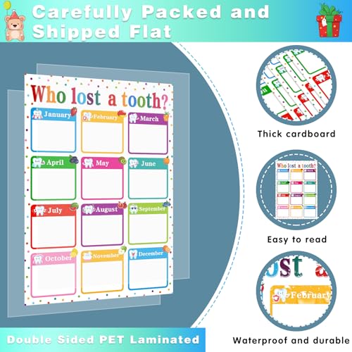 Image of BIZIBAFF Who Lost A Tooth Chart Poster - Confetti Who Lost A Tooth Posters for Classroom Bulletin Board Lost Teeth Calendar Learning Chart Decorations for Elementary Classrooms Teacher Supplies