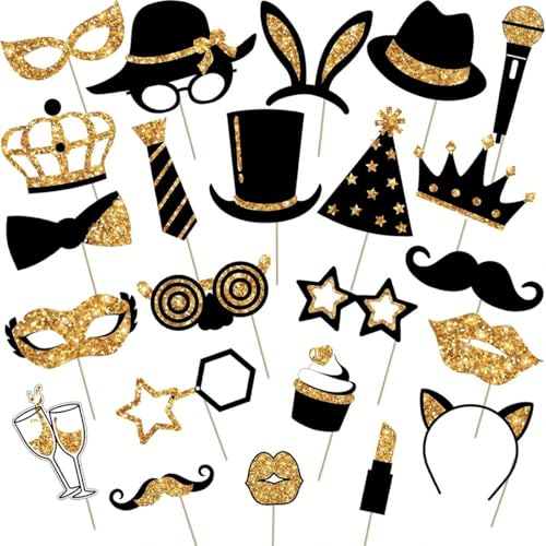 Photo Booth Props Black and Gold Party Decorations 23PCS Glitter Photo Accessories for Weddings Birthdays Christmas New Year Eve Parties