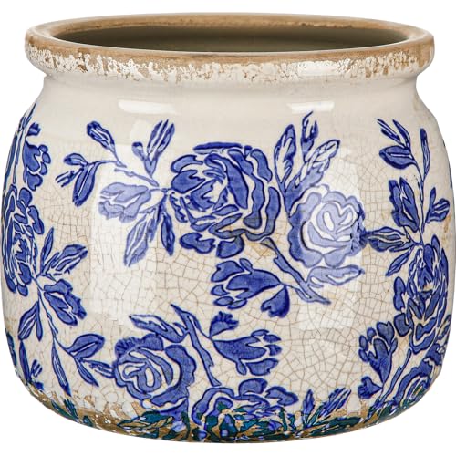 Ninehaoou Vintage Chinoiserie Planter Large Ceramic Plant Pot with Drainage Blue Beige Rose Crack Cottage Scroll Vase Flower Vase for Pot Indoor Live Plants Home Farmhouse Antique Decorative Gifts