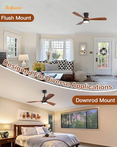 Image of Sofucor 48 Inch Wood Ceiling Fans with Lights, Flush /Downrod Mount, Brown