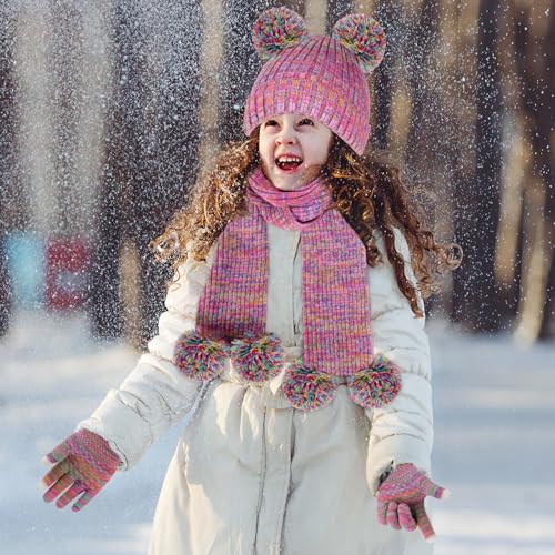 Kids Winter Beanie Hat Glove Scarf Set Toddlers Girls Winter Knit Hat with Pom Long Scarf Gloves for Kids Ages 5-122