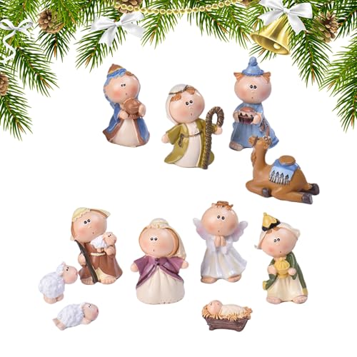 Kasmole Crèche De Noël - 11 Pièces Décoration en Résine pour Scène de la Nativité | Statuettes Déco pour Étagère Intérieur Salon Appartement Chambre...