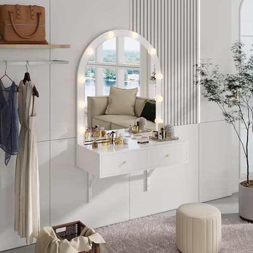 Floating Makeup Vanity with Mirror & 3-Color Lights, Wall-Mounted Vanity Desk with Power Outlet and Storage Drawers Makeup Desk Dressing Table for Tiny Space, White