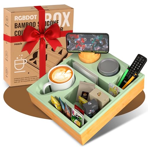 Couchbar Snackbox Silikon sofatablett mit 360 Grad Drehbar Handyhalter beistelltisch mit Holz Sofatablett für Sofa, kino Deko… – Ansicht 1