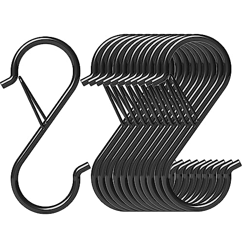HEDGBOBO 12 Pack S Hooks for Hanging with Safety Buckle, 3.5 inch Heavy Duty Black Vinyl Coated Wire Shelving Hooks, Pot Rack Hooks for Hanging Plants, Bags, Kitchen Utensils, Cups, Pans