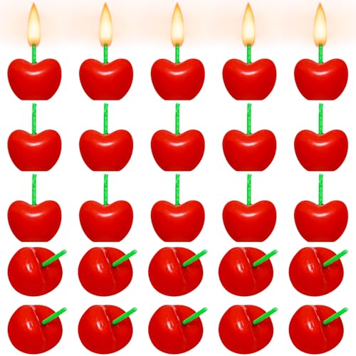 25 Pcs Cherry Shaped Birthday Candles Adorable Fruit Themed Mini Candles Soy Wax Cupcake Toppers for Wedding Table Gift for Cake Decorations Wedding Anniversary(Red)