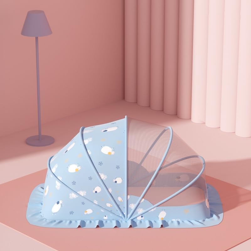 Aokraty Baby Mosquito Net Bed Tent,New upgrade 5 roots stent/encryption net yarn, Half Shading Cloth Design, Portable Folding Crib Cover Bassinet Mosquito Net Cover(120 * 60 * 65cm) (Blue Sheep)