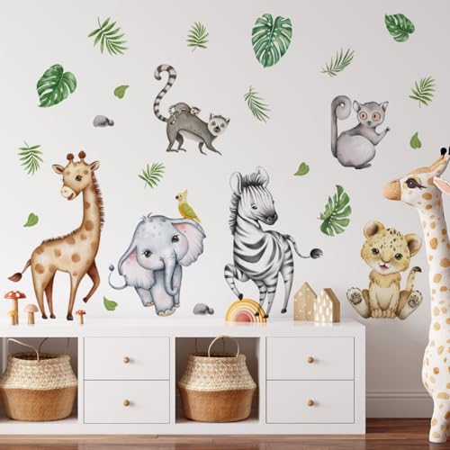 Image of Watercolor Jungle Animal Decals - Forest Safari Elephant Tiger Giraffe Stickers for Baby Nursery, Playroom, Bedroom, Classroom, Kindergarten Wall Decor