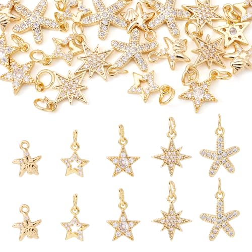 FASHEWELRY 20 colgantes de estrella de circonita cúbica de latón con diamantes de imitación, chapados en oro de 18 quilates para hacer joyas, collares, aretes