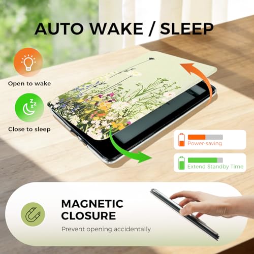 Image of 6 inch Green Clear Case for Kindle 11th Generation(2024 /2022 Release) with Hand Strap,Cute Wildflower Slim Book Cover, PU Basic Kindle eBook Accessories