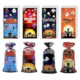HABNI 50 Bolsas De Plástico Para Dulces De Halloween Con 50 Lazos,Sacchetti Di Caramelle Per Halloween Con Patrón De 4 Estilos