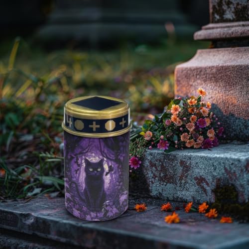 Image of Black Cat Solar Memorial Lights for Graves 2 Pcs | Halloween Solar Lights for Cemetery Grave Decorations Water Resistant LED Flameless Candle for Grave Memorial Gift Decor