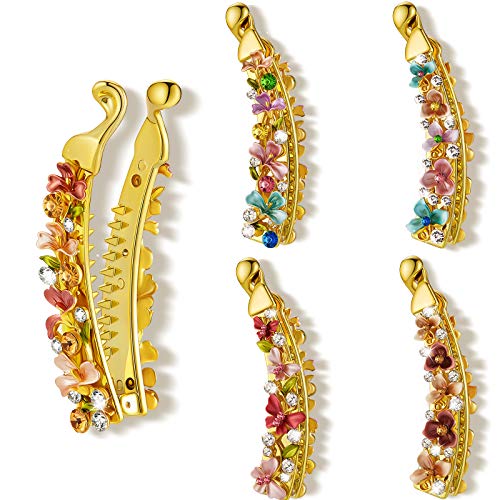 5 Pieces Rhinestone Banana Hair Clip Floral Butterfly Banana Hair Clip Claw Ponytail Holder Maker Styling for Women and Girl, 3 Kinds of Design