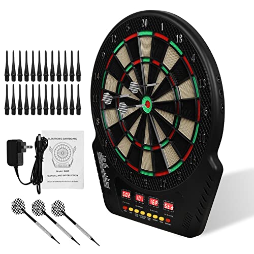 Cible de fléchettes électronique avec 6 fléchettes, 27 Jeux, 243 Variantes, pour 1 à 16 Joueurs, Affichage Automatique des Scores à 4 LED, pour Les fêtes et Les soirées de Jeux Cover