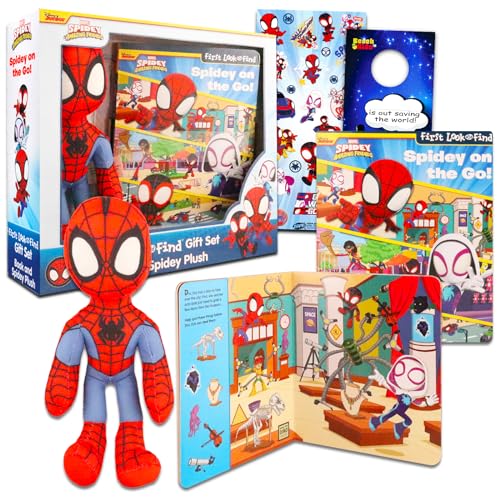Spidey and His Amazing Friends - Figura de juguete y libro de Spiderman Look and Find - Paquete con juguete de peluche de Spiderman y libro de actividades interactivo Hide and Seek Plus calcomanías,