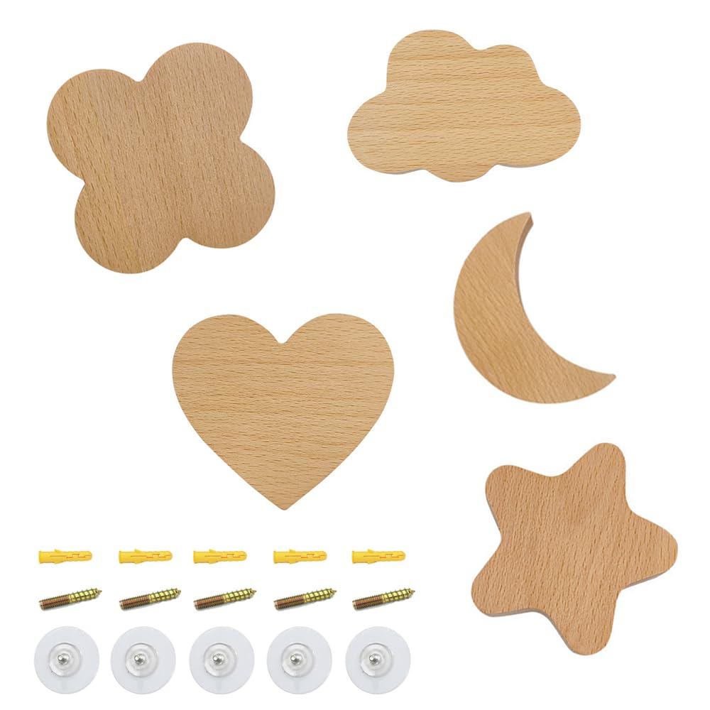 5 Crochets Muraux En Bois De Hêtre - Patères Adhésives Ou à Vis Pour Salon, Cuisine, SDB