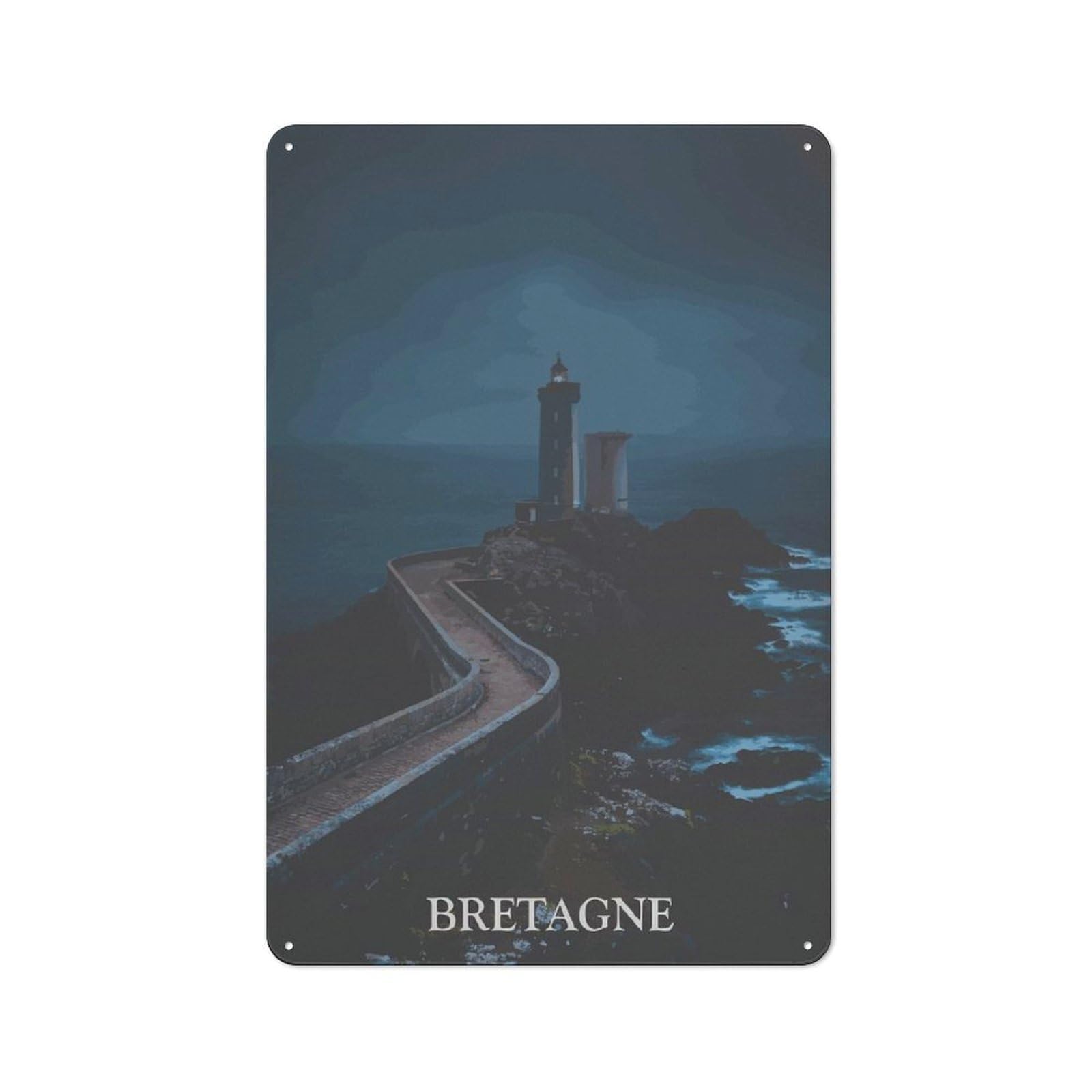 Junmoney Style-16 Brittany Lighthouse At Night Vintage Metal Sign 30X20cm, Shop Front Style Cafe Wall Decor For Takeaway, Bar, Kitchen Or Counter Area