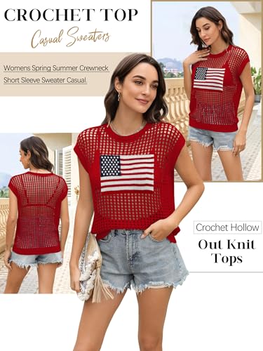 Image of Womens Summer Crochet Tops Hollow Out Cap Sleeve Cover Up Tank Top Pullover Sweater Vest Beach Vacation Clothes