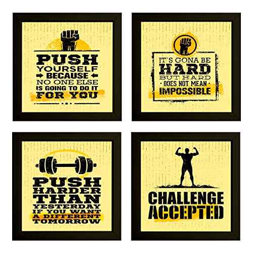 Image of Indianara Set of 4 Fitness Gym Motivational Quotes Paintings (2145) without glass 9.5 x 9.5 inch each