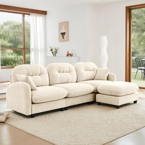 Image of KEIKI 107 inch L-Shaped Oversized Chenille Modular Sectional Sofa with 1 Ottoman, High-Density Foam Cushions, Tufted Pleated Cushion Backrest, Modern 3-Seater Couch with 2 Pillow, for Living Room, Beige