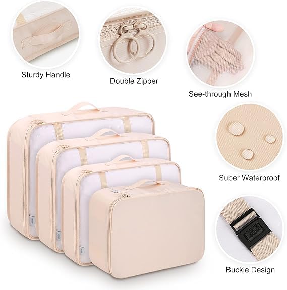 Image of polyester 7 Set Packing Cubes Luggage Packing Organizers For Travel Accessories storage organiser (beige)