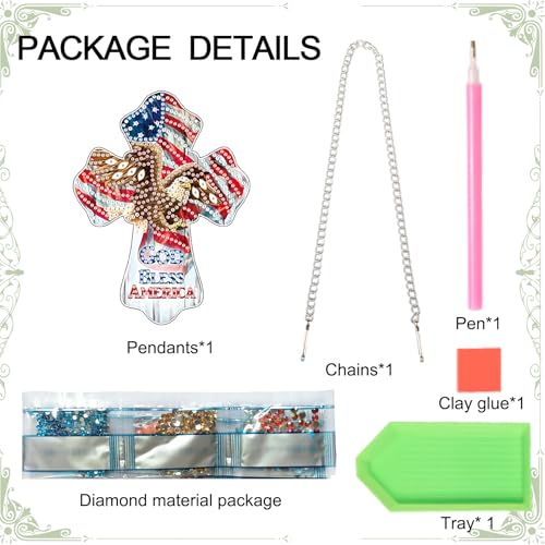 Image of God Bless America Diamond Painting Hanging Ornament - Patriotic Cross with Eagle & American Flag - DIY 5D Diamond Art Kit with Chain - Independence Day Home Decor - Handmade Beaded Sun Catcher Gift