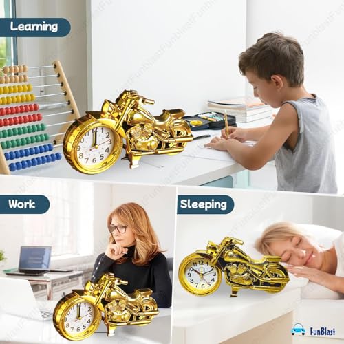 Image of FunBlast Alarm Plastic Clock for Heavy Sleepers Bike Shaped Retro, Stylish Analog Table /Desk Alarm Clock for Students, Table Clock for Bedroom, Living Room, Office, Return Gifts (Gold), 20*14 Cm