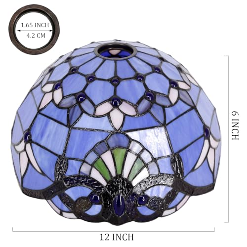 Image of 12 Inch Tiffany Lamp shade Replacement Only(Blue Purple Baroque) | Stained Glass Lampshade Only 1-5 /8-Inch Fitter Opening for Arched Floor Lamp, Torchiere Lamp, Pendant Light