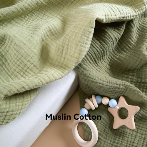Image of TILLYOU Muslin Mini Crib Sheets 2 Pack, Pack and Play Mattress Sheets Fitted for Pack N Play, 38 x 26 Sheet for Toddler, Forest Green and Light Green