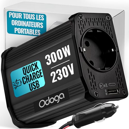 Odoga Convertisseur 12V 220V Voiture – Transformateur 300 W, Onduleur, 3A Port USB-C et USB-A, Convertisseur de Tension, Recharger Votre Ordinateur Portable, Ipad, Iphone et Plus