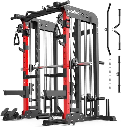 Pooboo Multi-Functional Machine Power Cage, 2000LB Squat Rack, LAT-Pull Down System, Dual Pulley Cable Crossover System, Home Gym Workout Machine with Strength Training Attachments (P43)