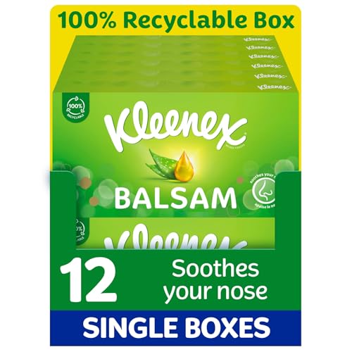 Kleenex Balsam Facial Tissues - Multipack 12 Tissue Boxes - Balm Tissues Protect and Soothe Your Nose When Youve Got a Cold - Balmcare with Aloe Vera Vitamin E and Calendula