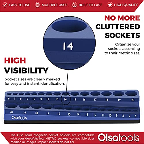 Image of Olsa Tools Magnetic Socket Organizer - 3 /8-Inch Drive Metric Socket Holder with Strong Magnets - Professional Tool Holder and Organizer - Stores up to 30 Sockets - Blue - Part: 1073