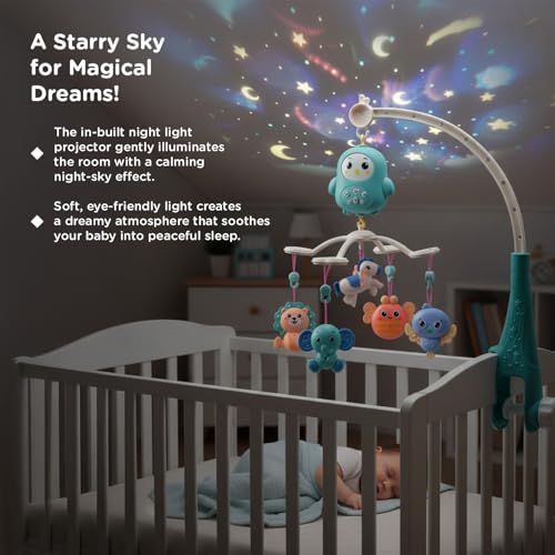Image of Mee Mee Glow Safari Cot Mobile with Music, Night Projector and Built-in Stories, Remote Control, Detachable Rattles, 360 Rotation, Timer 20 /40 /60 min, Adjustable Volume, BPA-Free, Battery Operated
