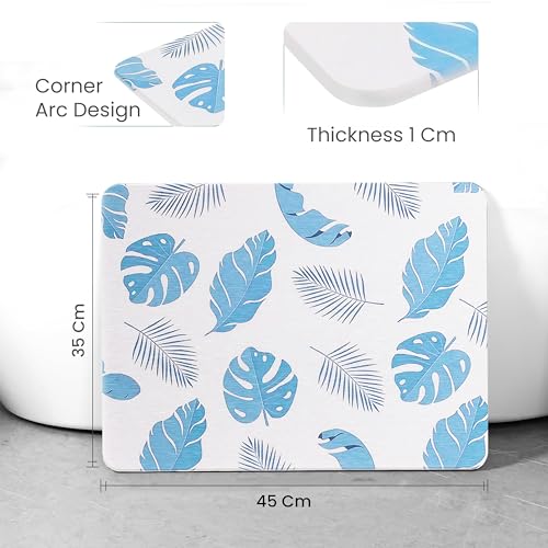 Image of Yellow Weaves Printed Stone Bath Mat, Diatomaceous Earth Shower Mat, Non-Slip Super Absorbent Quick Drying Bathroom, Kitchen Floor Mat, Easy to Clean (45x35 cm-Sandstone) Tropical Leaves, Blue