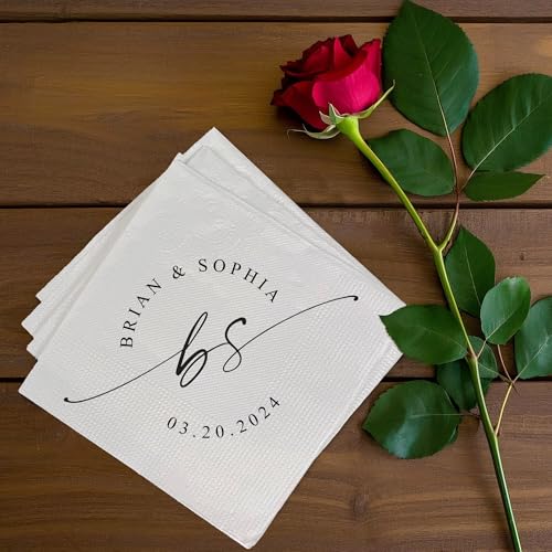 Image of Personalized Cocktail Napkins Wedding, Monogrammed Name Couple, Pack 50 100 150 300 500 Anniversary Party, Disposable Decoration Initials Beverage Bar Reception Cocktail Luncheon Dinner, Golden 5