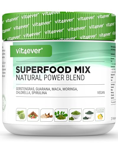 vit4ever Kombination aus Superfoods - 420 g Pulver mit Gerstengras, Guarana, Maca, Chlorella, Spirulina, Moringa - Mit Zitronen Aroma - Vegan