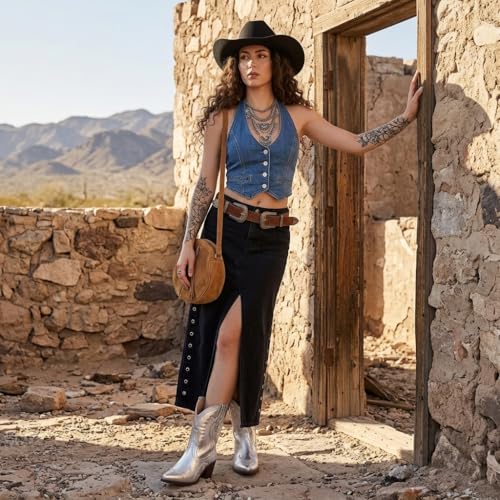 Image of HOCHFART Western Boots for Women Metallic Embroidered Pointed Toe Cowgirl Boots Chunky Heel Pull-On Short Cowboy Boots Wide Calf Country Ankle Boots