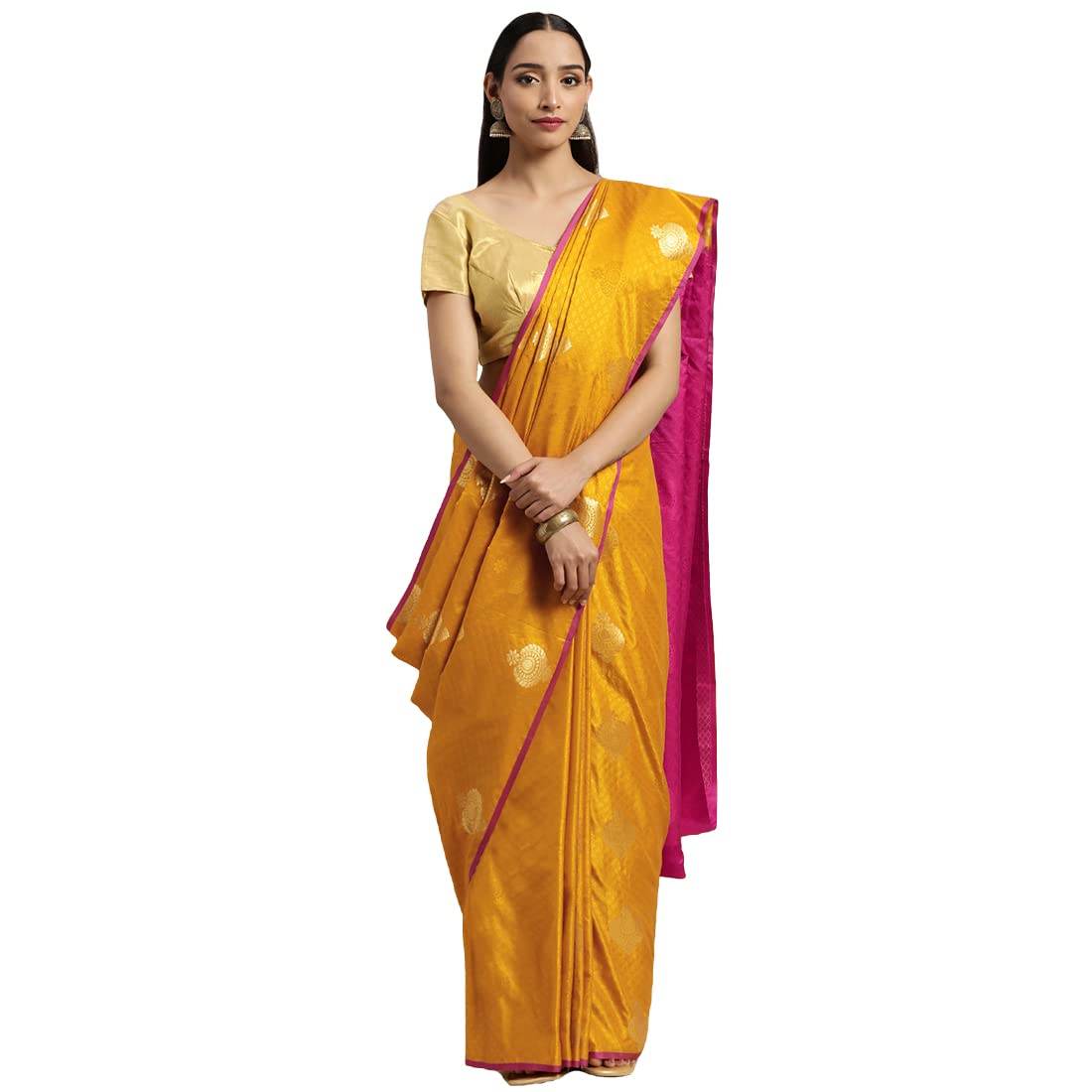 KANAKADARAKanjeevaram Zari Self Design Saree (Color : Mustard, Border Pink)