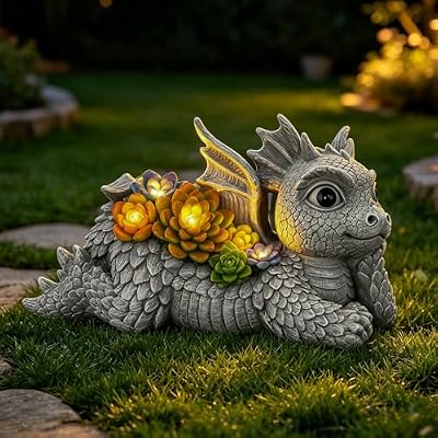 Ovewios Garden Dragon Statue Outdoor Decor, Dragon Garden Sculpture Waterproof Solar LED Lights Resin Succulent Decorations for Outside Lawn Patio Yard Ornament Gifts