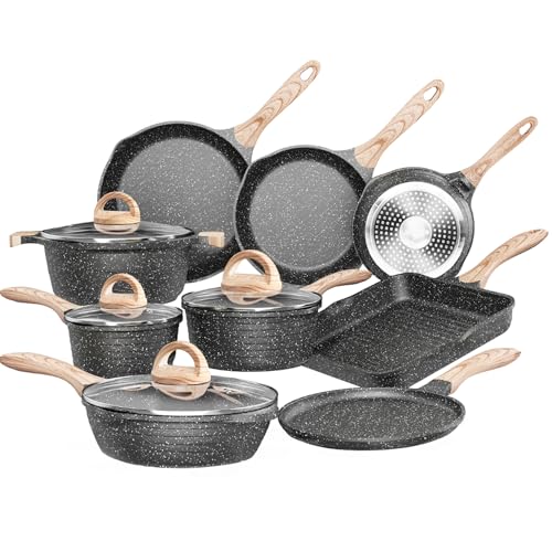 JEETEE Pots and Pans Set Non Stick 23pcs, Healthy Kitchen Cookware Sets, Induction Cooking Set W/Gray Frying Pans, Saucepans, Sauté & Griddle & Crepe Pan (PFOA, PFAS Free)