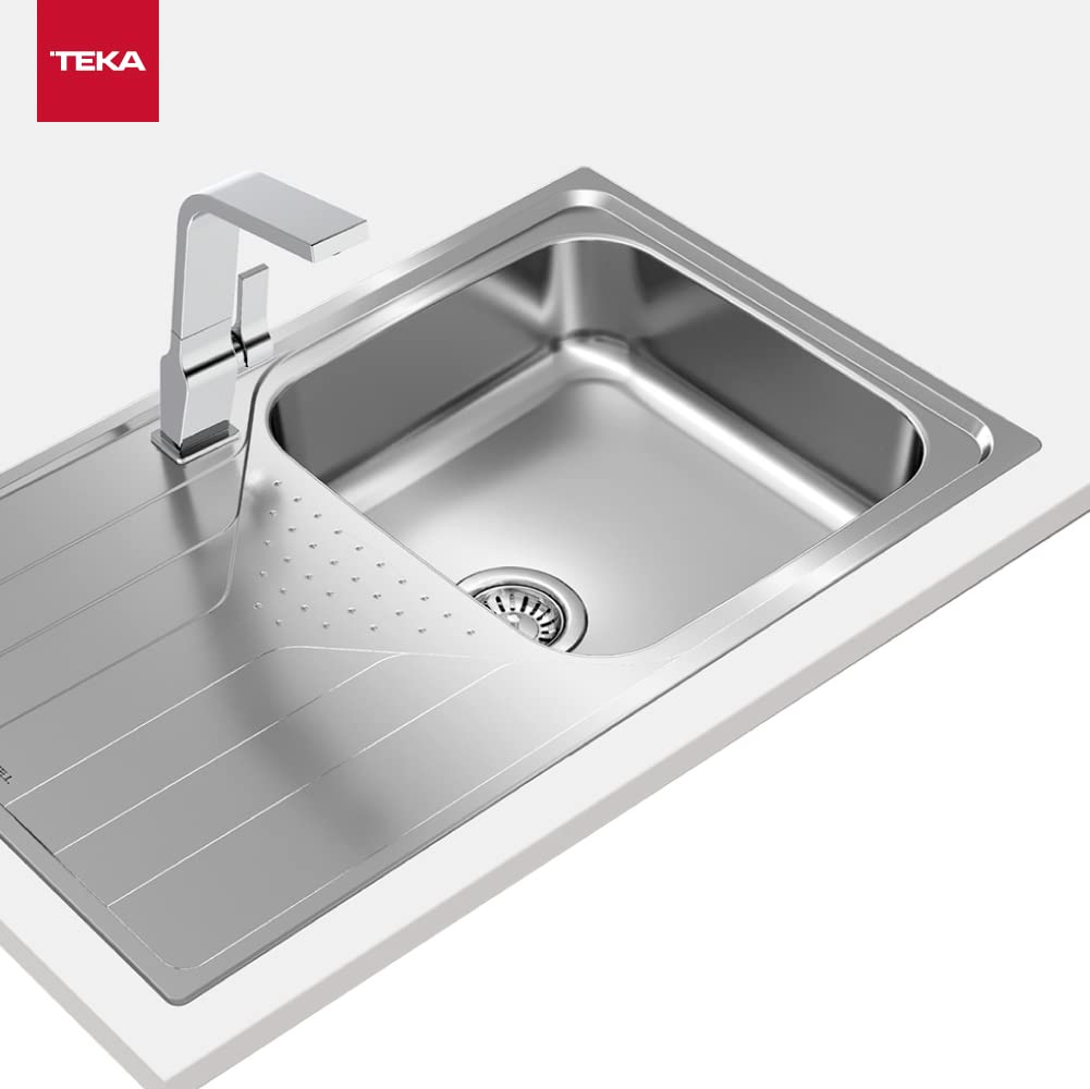 TEKA Fregadero Encastrado 1 Cubeta con Escurridor Izquierda en Acero Inoxidable, Profundidad Cubeta 190mm, Mueble 50cm, Desagüe Manual con Válvula Canasta y Sifón, Universe 50 T-XP 1C 1E Plus