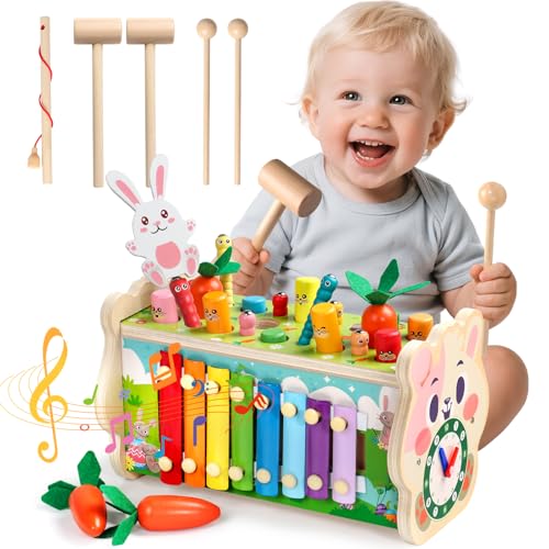Fajiabao Brinquedos Crianças 1 Ano Montessori, 7 em 1 Brinquedos de Madeira com Xilofone para Bebê, Whack-a-Mole, Desplumado de Nabos Brinquedo para Bebê 1 Ano Educativo Presente Criança 1 2 anos para