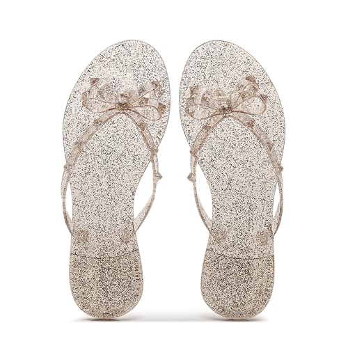 Image of Studded Jelly Shoes for Womens Bow Flip Flops Jellies Sandals Flat Black Summer Beach Thong with Rivets Strappy Slides Slip On