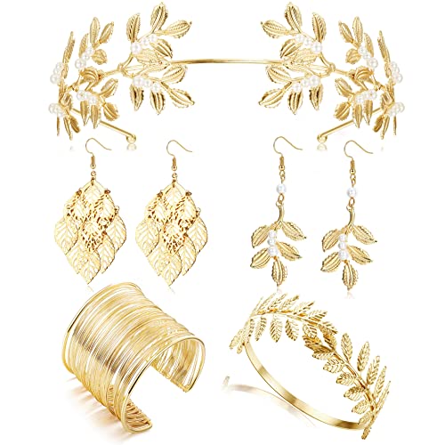JeweBella 5PCS Déesse Grecque Costume Accessoires pour Femmes Doré Feuille Laurier Couronne Bandeaux Bras Bobine Bracelet Perle Balancent Boucle d'oreille Mariée Ensemble Bijoux Femme
