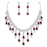 EVER FAITH Women's Cubic Zirconia Gorgeous Water Drop Dangle Necklace Earrings Set Red Silver-Tone