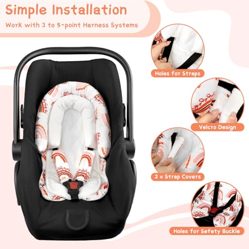 Image of Baby Car Seat Head Body Support & Strap Covers, 2 in 1 Infant Car Seat Insert, Reversible Soft Breathable Newborn Cushion Pads for Preemie, Perfect for Baby Carseats, Strollers, Swings (Rainbow)
