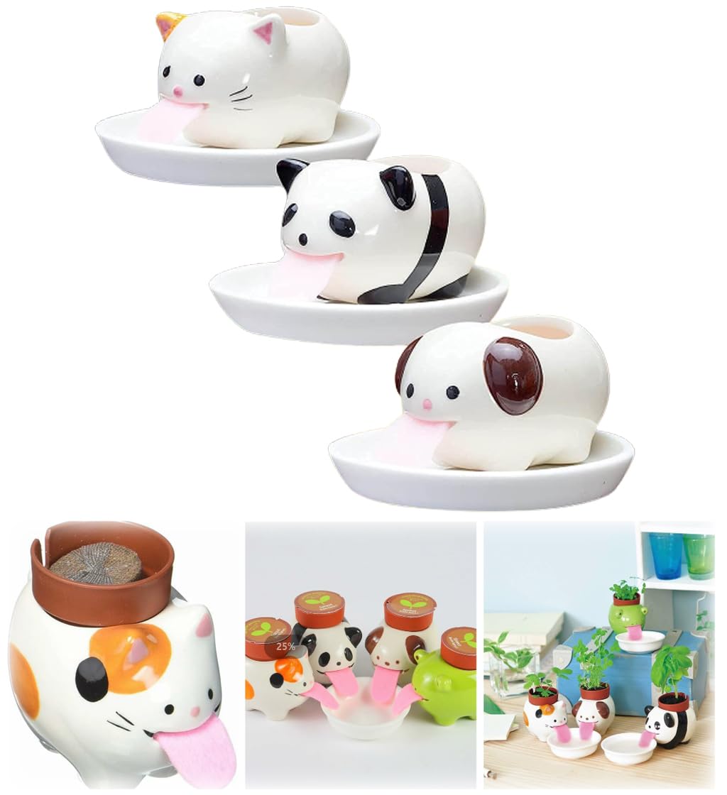 SYOSI Ceramic Self Watering Planter, 3 Pcs Cute Animal Tongue Shaped Plant Pot, Mini Succulent Pots, Decorative Desk Mini Plants Bonsai Pot Cactus Flower Pot for Home Office
