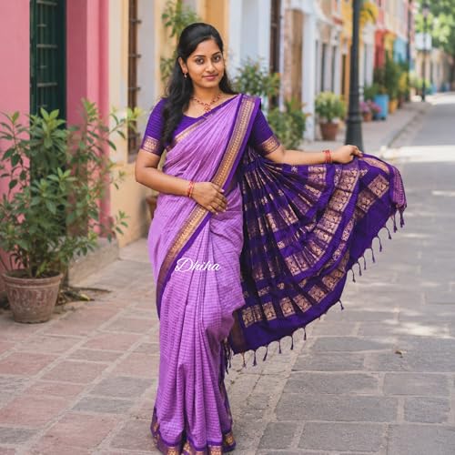 Image of Gadwal Cotton Silk Checked Saree for Women | Pure Kalyani Cotton Checked Saree with Zari Border Tassels & Blouse | Kanjivaram Linen Silk | Handloom Weave