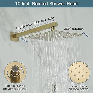 Homevacious Brushed Gold Shower System 10 Inch Rainfall Shower Head with Handheld Sprayer Wall Mounted Bathroom Luxury Rain Mixer Shower Complete Combo Set Rough-in Valve Body Trim Included Homevacious Brushed Gold Shower System 10 Inch Rainfall Shower Head with Handheld Sprayer Wall Mounted Bathroom Luxury Rain Mixer Shower Complete Combo Set Rough in Valve Body Trim Included